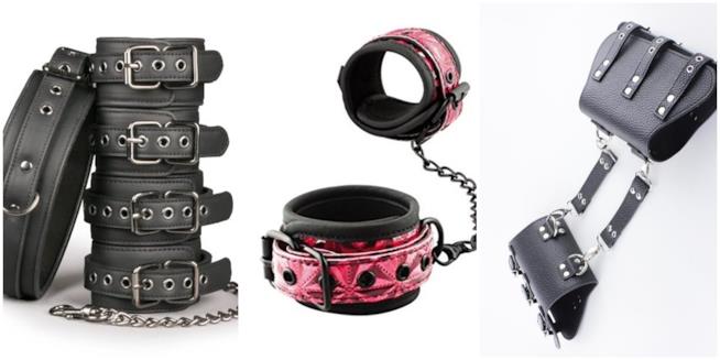 Ankle e hand cuffs: polsiere e cavigliere per giochi BDSM Polsiere e cavigliere in pelle e stoffa per eros fetish