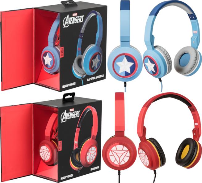 Cuffie On Ear di Tribe ispirate agli Avengers Cuffie di Tribe con relative scatole ispirate a Captain America e Iron Man