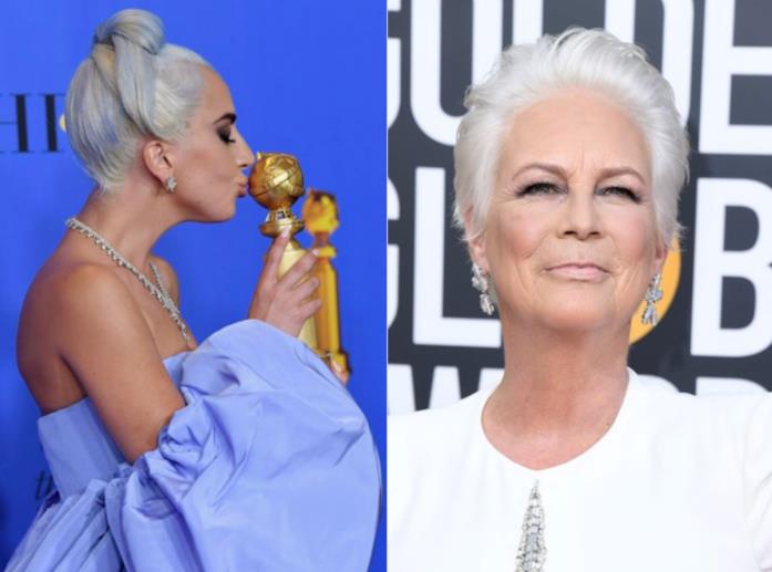 Capelli blu e bianchi - Golden Globes Collage tra Lady Gaga e Jamie Lee Curtis ai Golden Globes 2019