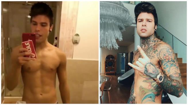 Fedez si fa cancellare i tatuaggi per una campagna pubblicitaria Fedez con i tatuaggi e senza