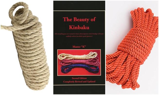Corde in canapa, raso e libro illustrato dell'arte dello Shibari Kinbaku Corde varie e il libro dello Shibari Kinbaku arte erotica giapponese