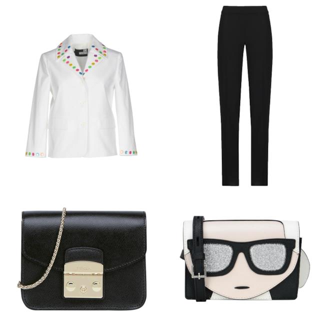Blazer bianco e pantaloni neri con tracolla dello stesso colore Un total outfit in stile Evan Rachel Wood