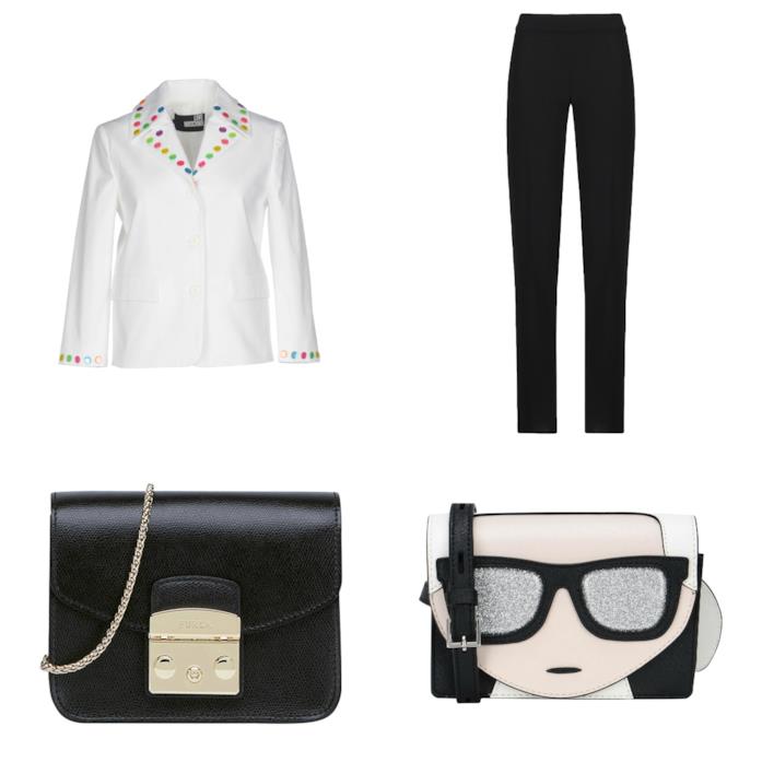 Blazer bianco e pantaloni neri con tracolla dello stesso colore Un total outfit in stile Evan Rachel Wood