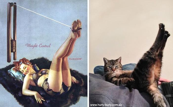 La pin-up ed il gatto Un'illustrazione di una pin-up ed un gatto in pose identiche