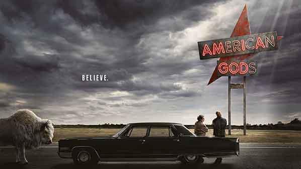 American Gods Il poster di America Gods con un'auto e i due protagonisti più un animale mistico