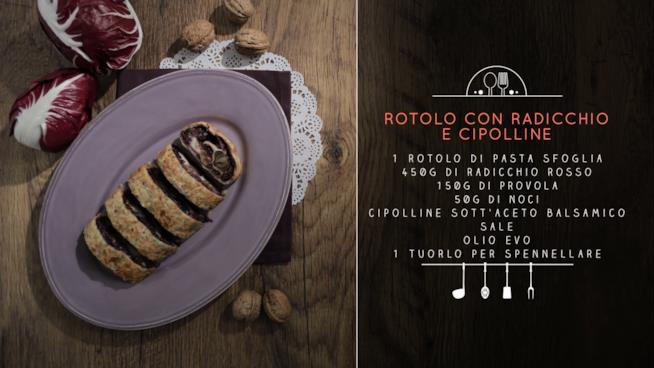 Rotolo di pasta sfoglia con radicchio, cipolline e noci Rotolo di radicchio e cipolline