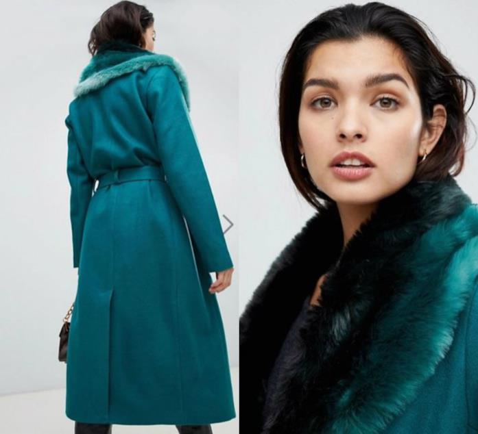 Cappotto petrolio con collo di pelliccia moda inverno 2018 Cappotto classico petrolio di tendenza