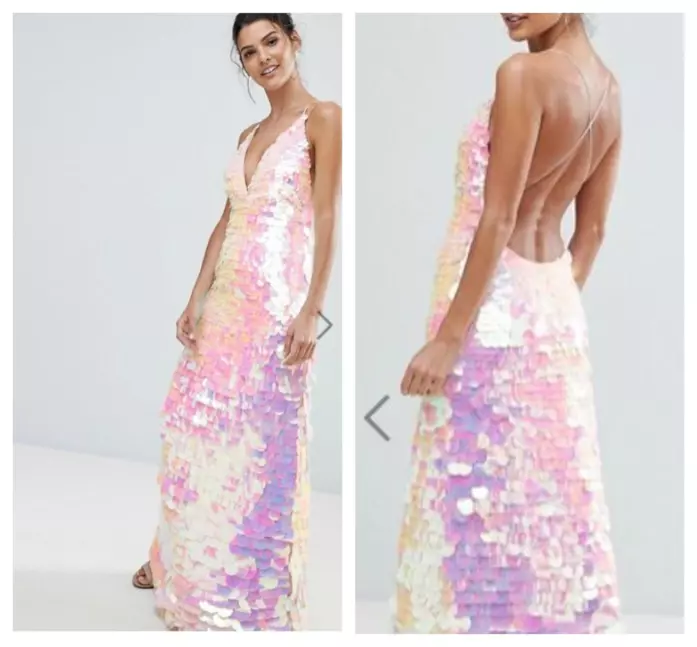 Maxi abito elegante con le paillettes e iridescente per l'estate 2018 Di tendenza estate 2018, abito lungo iridescente e con le paillettes
