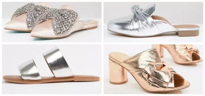 Sabot in oro e argento sportivi ed eleganti per un matrimonio moda estate 2018 Le mules metallizzate sportive ed eleganti tendenza estate 2018
