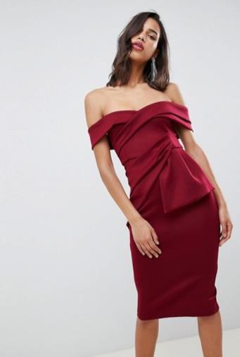 Vestito midi a portafoglio con risvolto e scollo alla Bardot