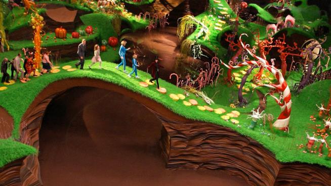 Una scena del film La fabbrica di cioccolato di Tim Burton La visita dei bambini nella fabbrica di cioccolato di Willy Wonka