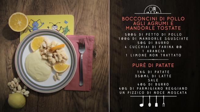 Bocconcini di pollo con succo di arance e mandorle e purè di patate Bocconcini di pollo e purè