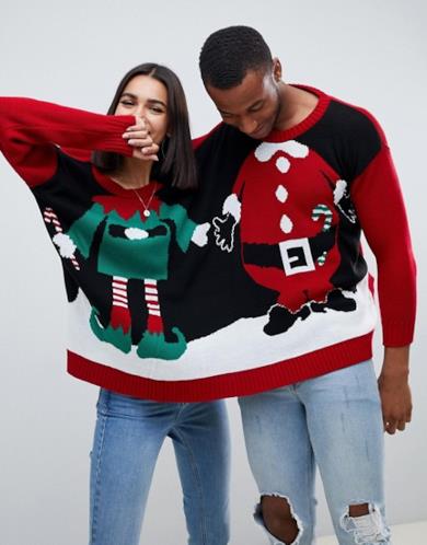 Maglione natalizio multi per due persone con Babbo Natale ed elfo