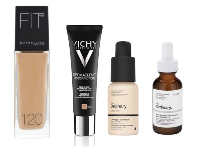 Fondotinta liquidi Maybelline, Vichy e The Ordinary Fit Me Maybelline, Vichy Dermablend e Coverage Foundation The Ordinary