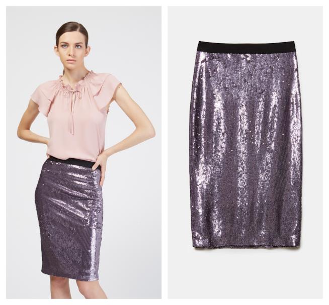 Gonna di paillettes all over viola di moda per l'A/I 2018-19 Con le paillettes all over, la gonna di tendenza per l'autunno inverno 2018-19