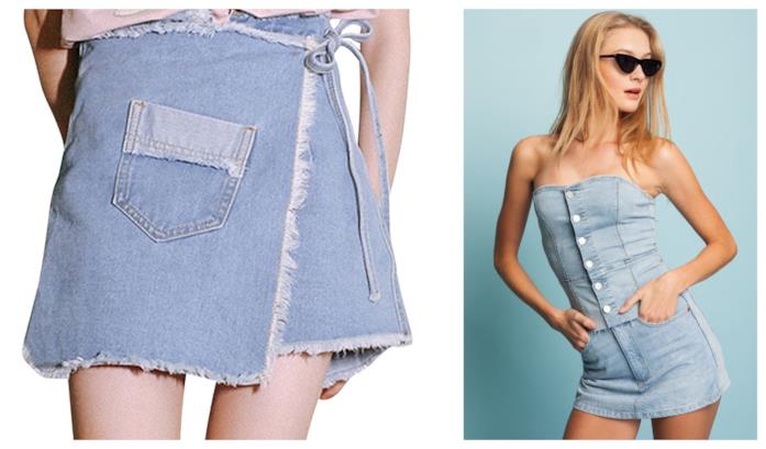 Gonna pantalone in denim corta di tendenza per l'estate 2018 Asimmetrica o in denim, la gonna pantalone P/E 2018