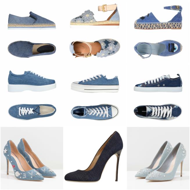 Sneakers, décolleté, espadrillas in denim moda primavera 2018 Le scarpe in denim per la primavera-estate 2018