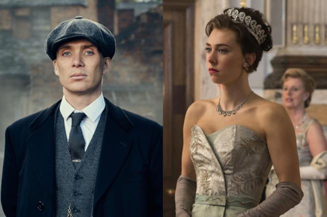 Cillian Murphy in peaky Blinders e Vanessa Kirby in The Crown Due immagini tratte da Peaky Blinders e da The Crown