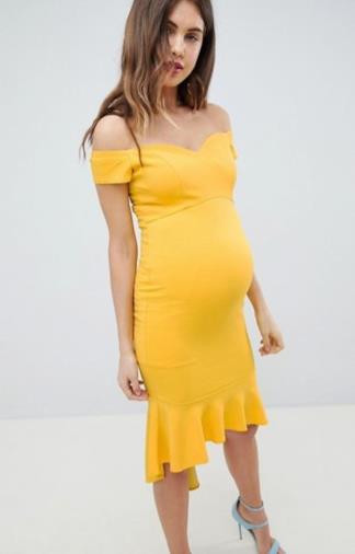 Vestito midi con spalle scoperte e volant