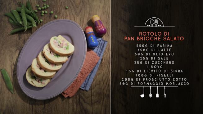 Rotolo di pan brioche con prosciutto, piselli e formaggio Rotolo di pan brioche salato