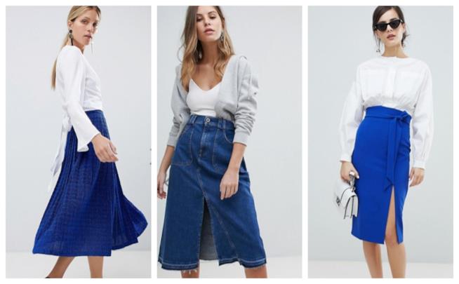Gonne midi blu e in denim di moda per l'autunno inverno 2018-19 Gonne blu di tendenza per l'autunno inverno 2018-19