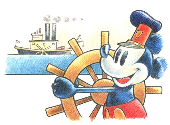 Topolino in un disegno del cortometraggio animato Steamboat Willie Topolino in un disegno del cortometraggio animato Steamboat Willie