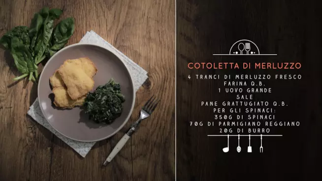 Cotoletta di merluzzo al forno e spinaci con il parmigiano Cotoletta di merluzzo e spinaci