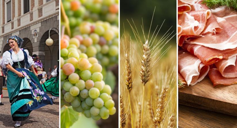 Le sagre in Italia a luglio Una donna che danza, vitigni, spighe di grano e prosciutto