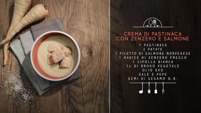 Crema di pastinaca con zenzero fresco e salmone scottato in padella Crema di pastinaca, zenzero e salmone