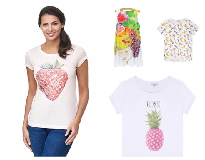 Le t-shirt con le stampe della frutta di moda per l'estate 2018 Con le stampe della frutta, le magliette di tendenza per l'estate 2018