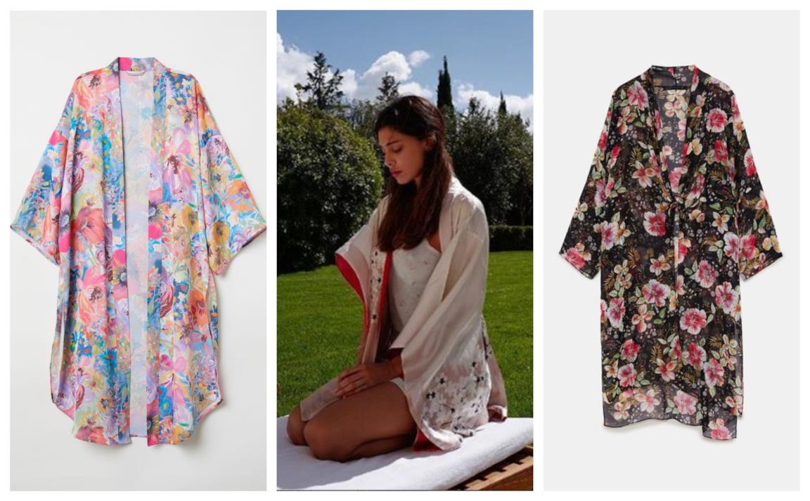 La showgirl Belen Rodriguez con un kimono rosa cipria