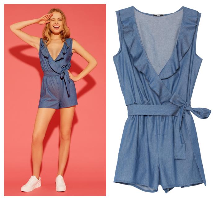 Tuta corta jumpsuit in denim di moda per l'estate 2018 In denim, la tuta corta di tendenza per l'estate 2018