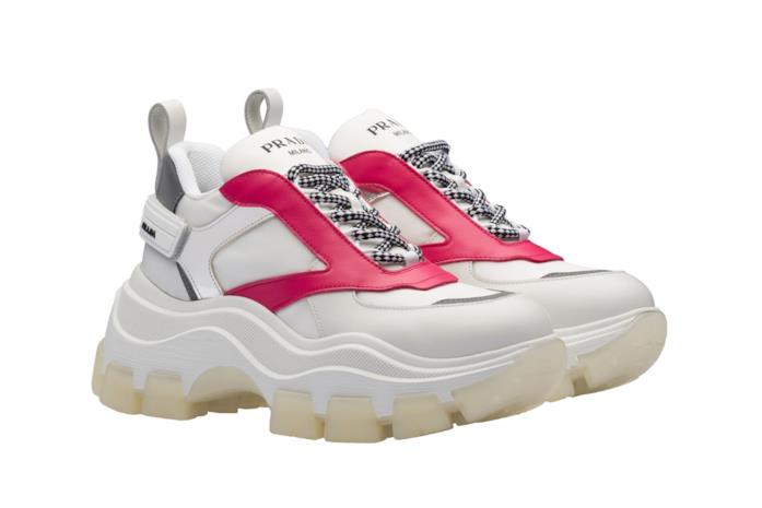 Sneakers in pelle bianca/fucsia con doppia suola Chunky Sneakers in pelle bianca e fucsia con inserti argento e lacci bicolore