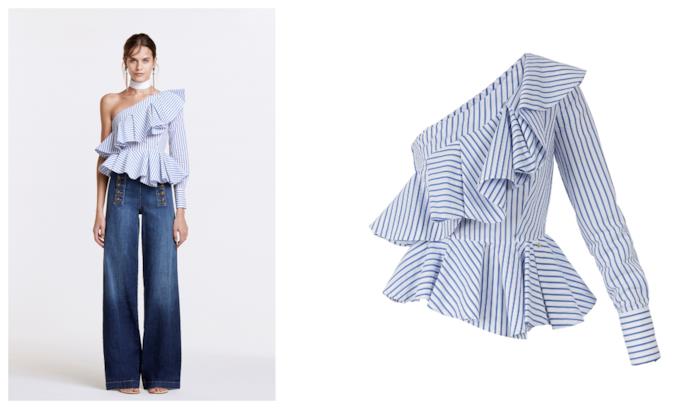 La camicia a righe e monospalla perfetta per l'estate 2018 A righe bianche e blu, la camicia di tendenza per la P/E 2018