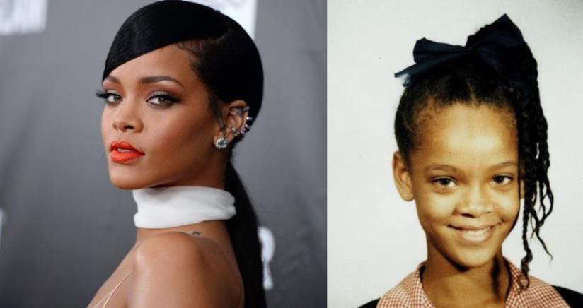 La cantante Rihanna Due foto di Rihanna, da piccola e al giorno d'oggi