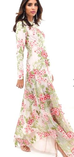 Vestito lungo rosso a fiori ricamato