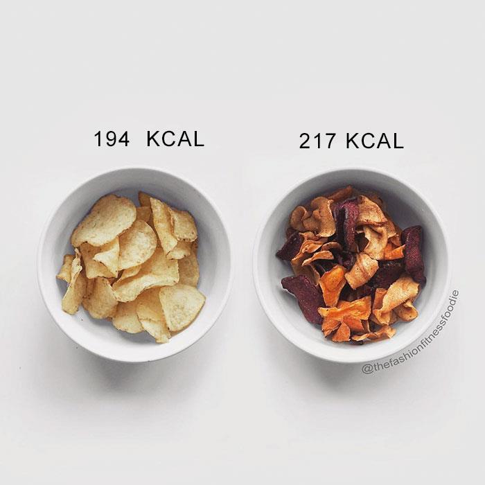 Infografica con patatine fritte e verdure fritte Due ciotole contenenti snack diversi