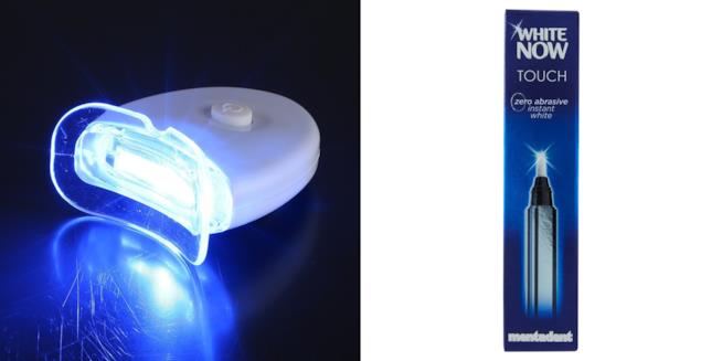 bellezza high-tech per denti più bianchi Anself luce led e Mentadent White Now Touch per un sorriso più bello e denti più bianchi