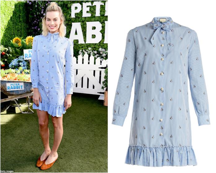 Margot Robbie shirt dress Abito camicia di Margot Robbie azzurro alla première di Peter Rabbit