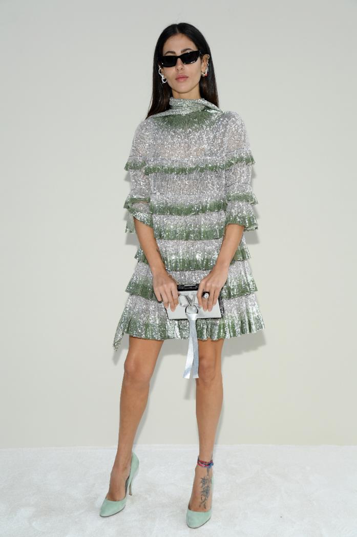 Gilda Ambrosio indossa un mini abito in lurex con décolleté color menta Gilda Ambrosio indossa abito in lurex e décolleté