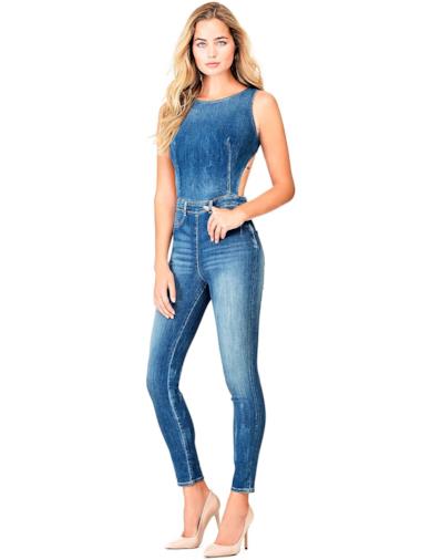 Tuta in denim con apertura posteriore