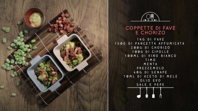 Coppette di fave con chorizo, pancetta affumicata e erbe aromatiche Coppette di fave e chorizo