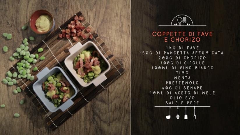 Coppette di fave con chorizo, pancetta affumicata e erbe aromatiche Coppette di fave e chorizo