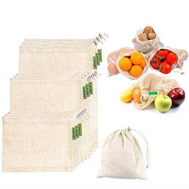 Sacchetti di Verdure in Cotone riutilizzabili,Sacchetti di Frutta e Sacchetti di Verdura,Borse per la Spesa in Rete Traspirante,senza plastica,Degradable, 9 Pezzi - 3*S,3*M,3*L,Rispetta l'ambiente