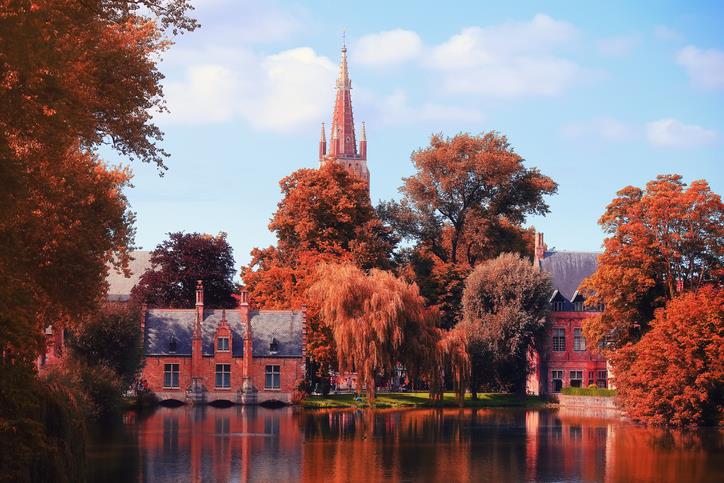 Bruges Un nagolo incantato di Bruges con alberi dalle foglie rosse.