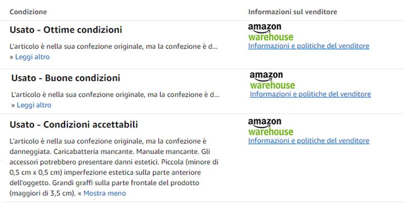 Le tipologie di condizioni dei prodotti usati in vendita su Amazon Warehouse Amazon usato come nuovo le tipologie di stato dei prodotti