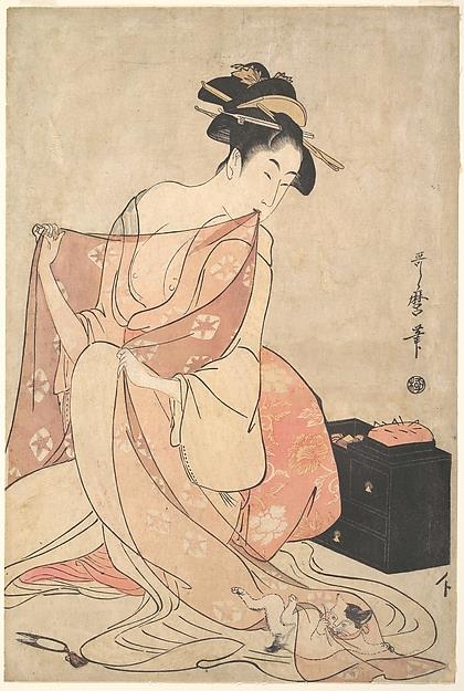 Una donna ed un gatto, Kitagawa Utamaro L'illustrazione di Kitagawa Utamaro di una donna che gioca con un gatto
