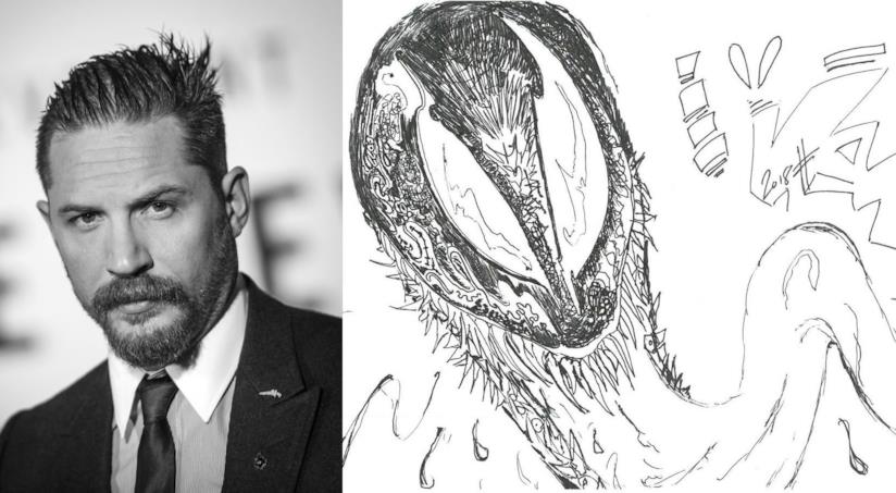 Tom Hardy ed un suo disegno di Venom Tom Hardy ed una sua illustrazione di Venom