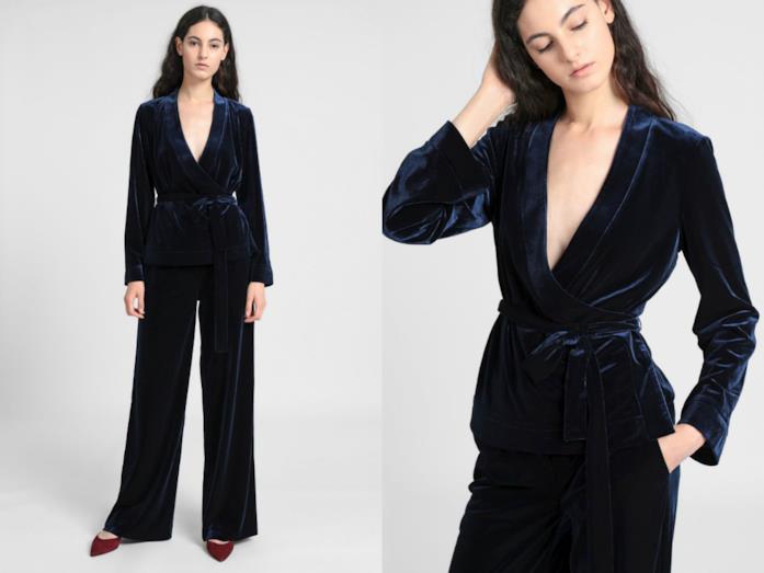 Tailleur blu in velluto liscio Completo blazer e pantaloni di tendenza