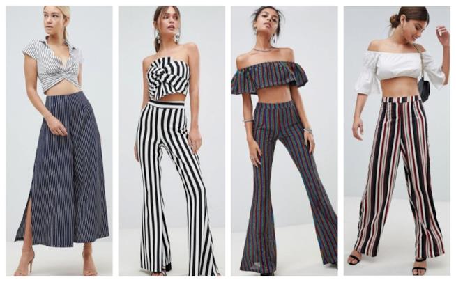 Pantaloni a righe in coordinato con i micro top per l'estate 2018 Con le righe, i pantaloni in coordinato con i micro top